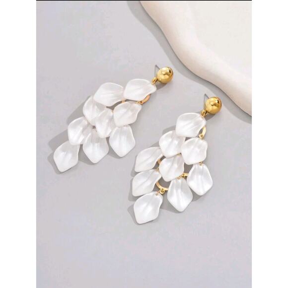 White Geometric Tassel & Leaf Dangle Earrings for Women -Simple & Elegant Design - Picture 8 of 8